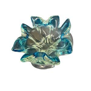Vintage Murano Art Glass Ice Blue Sommerso Ashtray Ruffled Edge